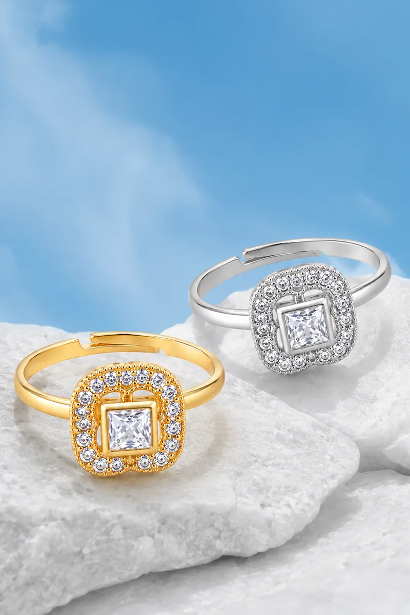 Elegant Square Halo Adjustable Rings Set for Girls & Women - Set of 2