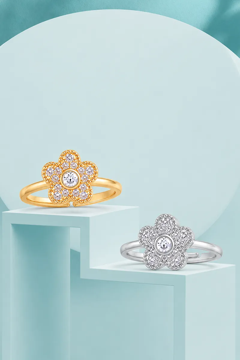 Floral Shape Adjustable Stone Rings for Girls & Women - Set of 2