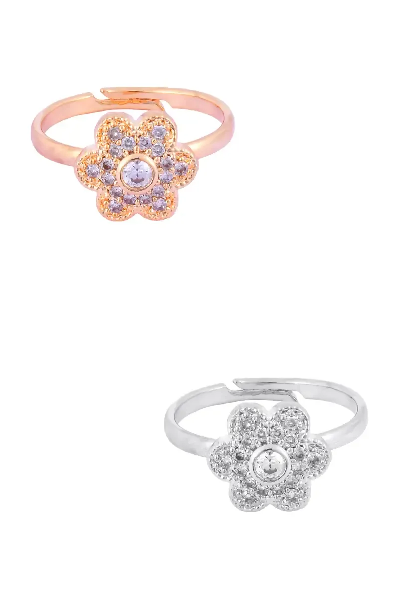Floral Shape Adjustable Stone Rings for Girls & Women - Set of 2