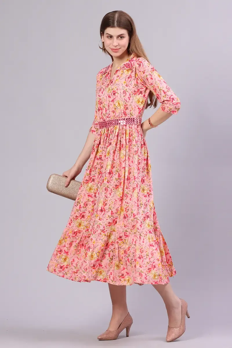 Rayon Printed Dress with Belt for Women  015047PINXXL
