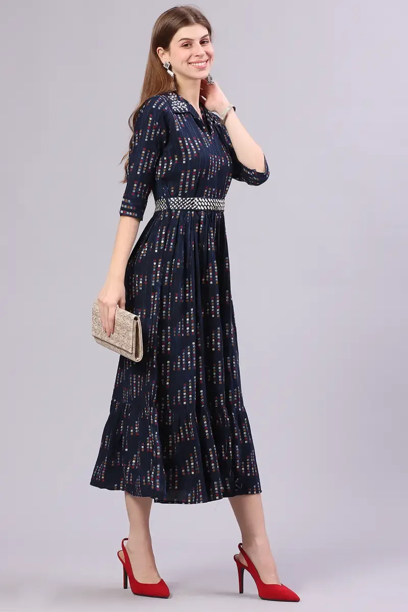 Rayon Printed Dress with Belt for Women 015049NAVBLUXXL