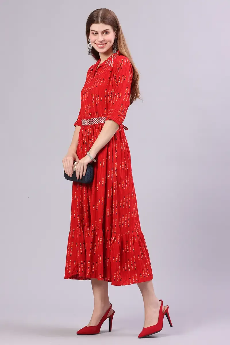 Rayon Printed Dress with Belt for Women