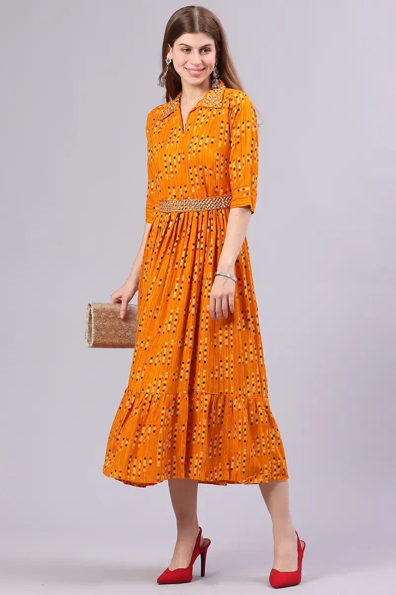 Rayon Printed Dress with Belt for Women 015049YELL