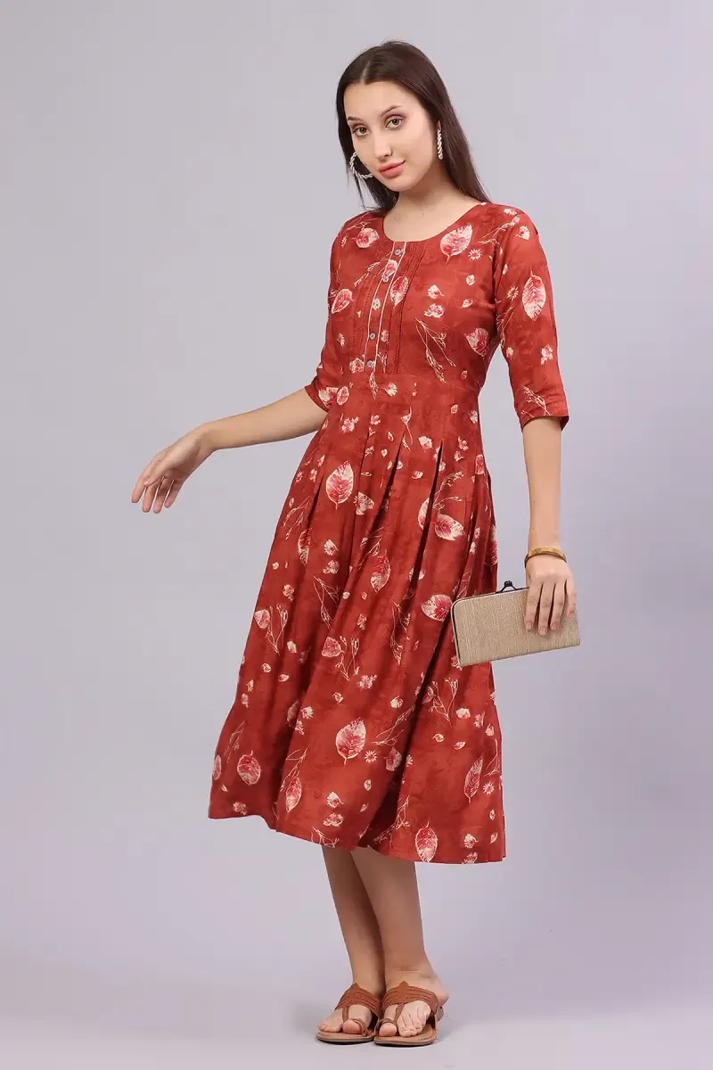 Rayon Botanical Printed Dress for Women 015056REDXXL
