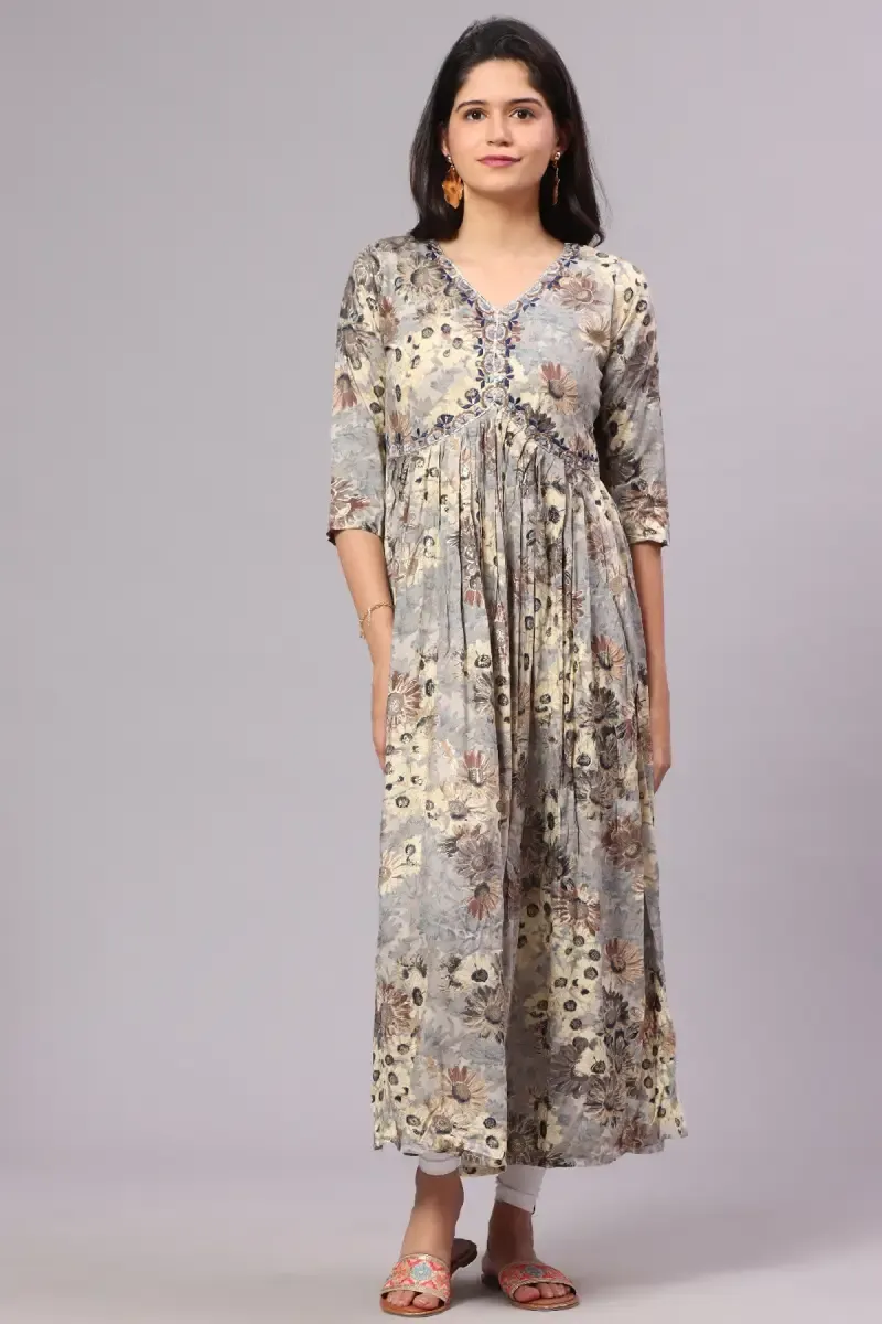 Cotton Blend Printed Alia-Cut Dress for Women  015092GREXL