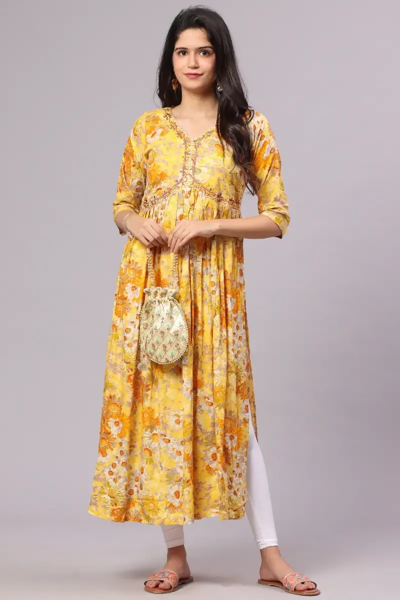 Cotton Blend Printed Alia-Cut Dress for Women  015092YELXXL
