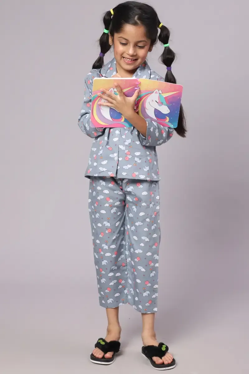 Girl's Cotton Blend Printed Pyjama Set (1 - 10 Yrs) 015115GRE34YRS