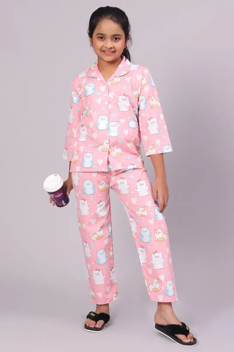 Girl's Cotton Blend Printed Pyjama Set (1 - 10 Yrs) 015125PEA56YRS