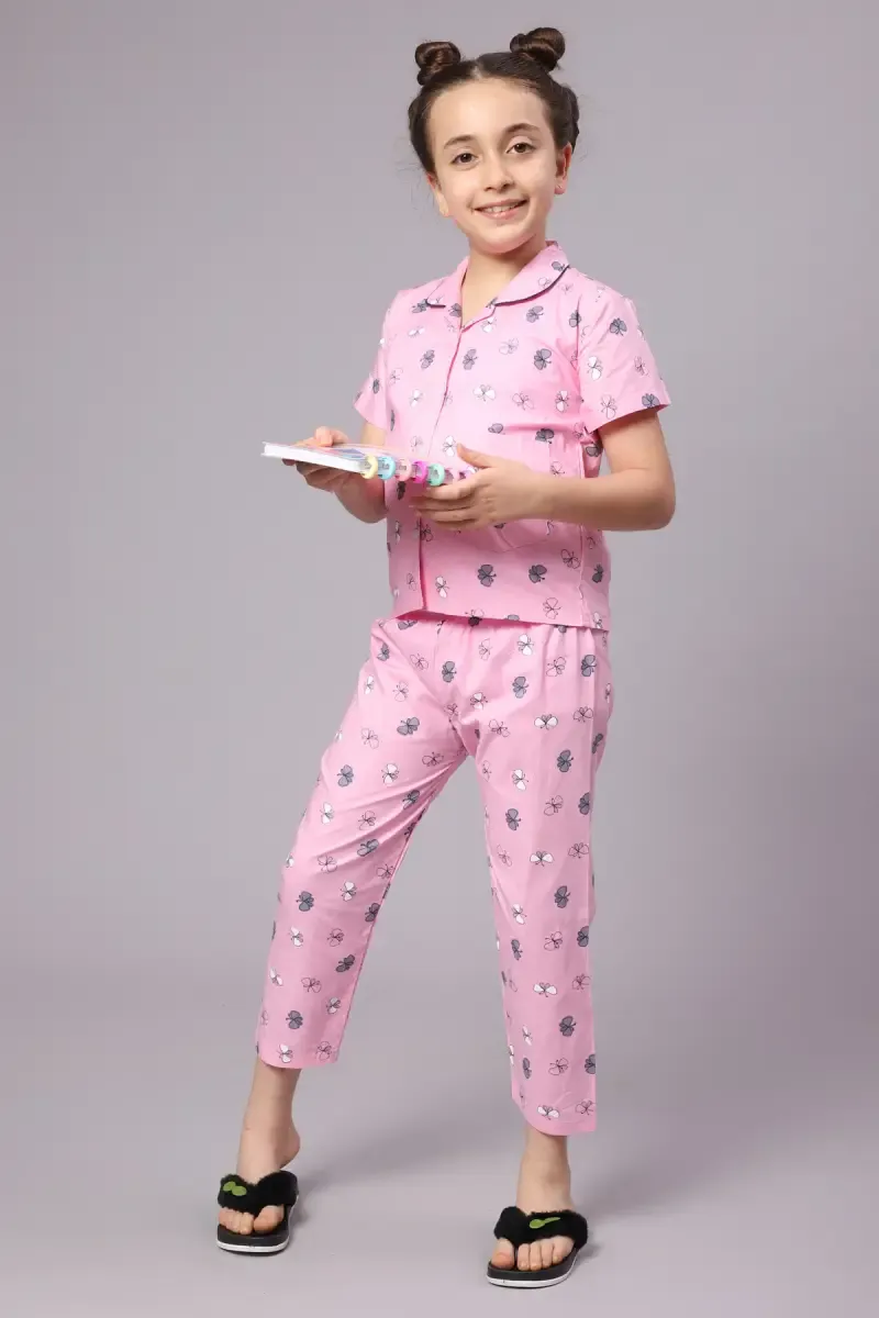 Girl's Cotton Blend Printed Pyjama Set (1 - 10 Yrs) 015126PIN12YRS