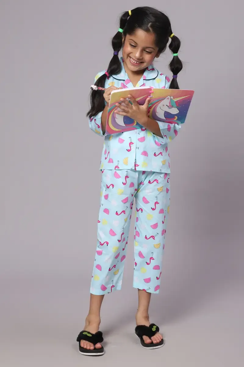 Girl's Cotton Blend Printed Pyjama Set (1 - 10 Yrs) 015128SKYBLU910YRS