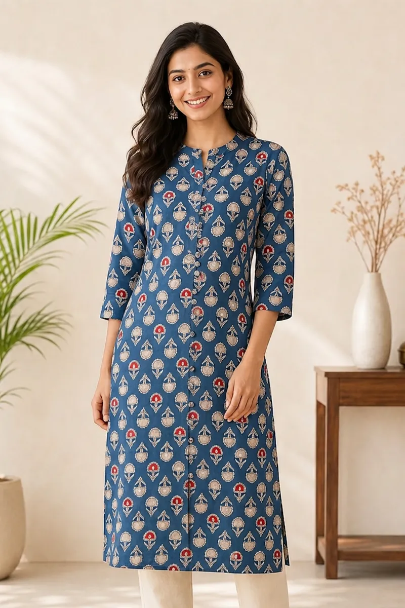 Cotton Printed Kurti For Women 015132MBLU - Blue kurti - M kurti