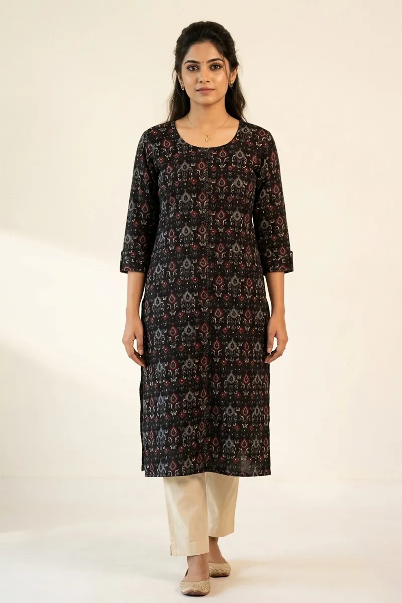 Cotton Blend Printed Kurti for Women 015136XXLBLA - Black kurti - XXL kurti