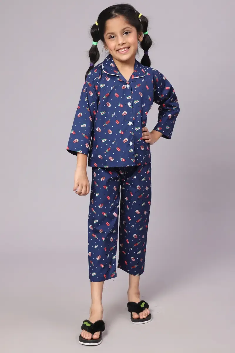 Girl's Cotton Blend Printed Pyjama Set (1 - 10 Yrs) 015144NAVBLU56YRS