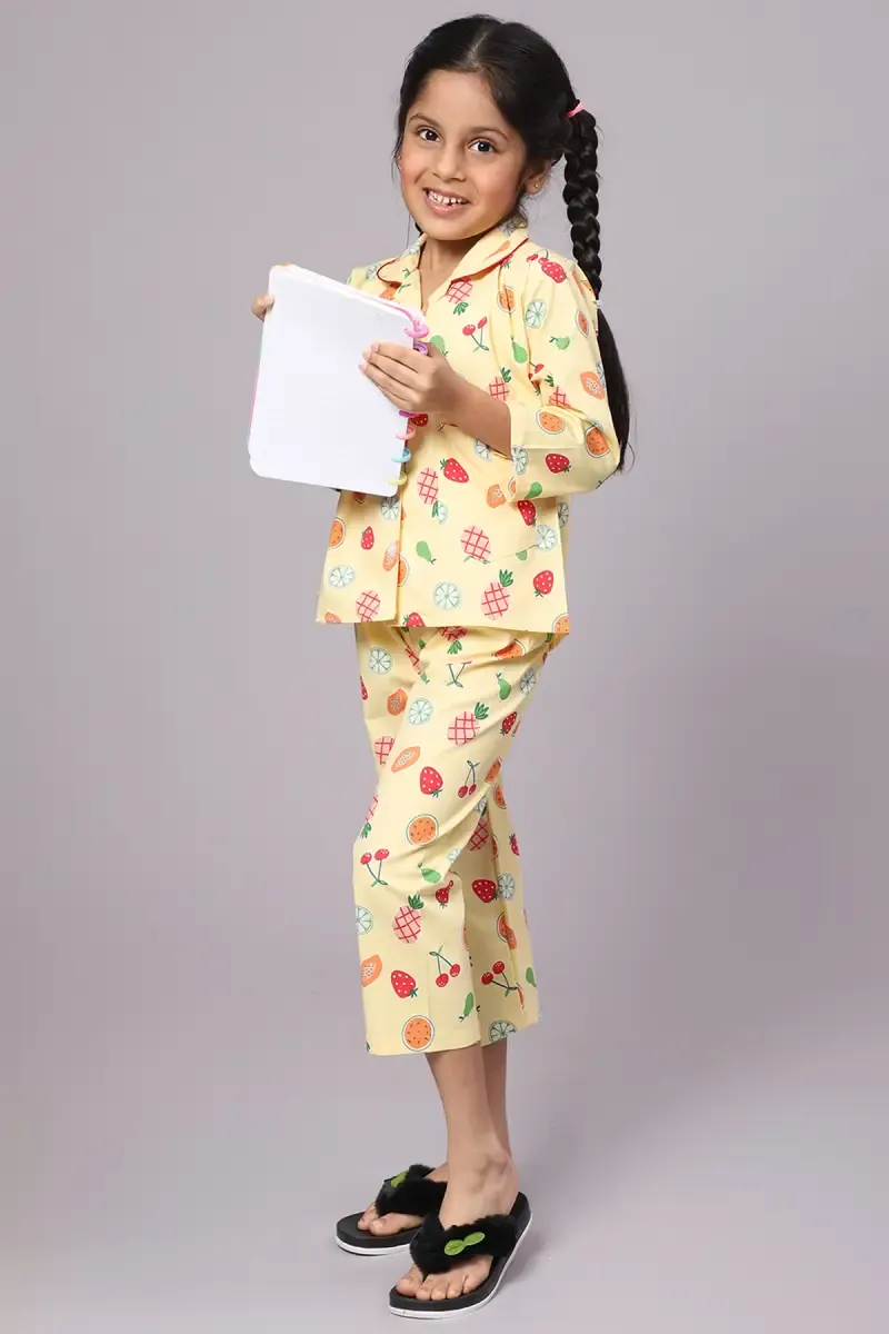 Girl's Cotton Blend Printed Pyjama Set (1 - 10 Yrs) 015147YEL56YRS