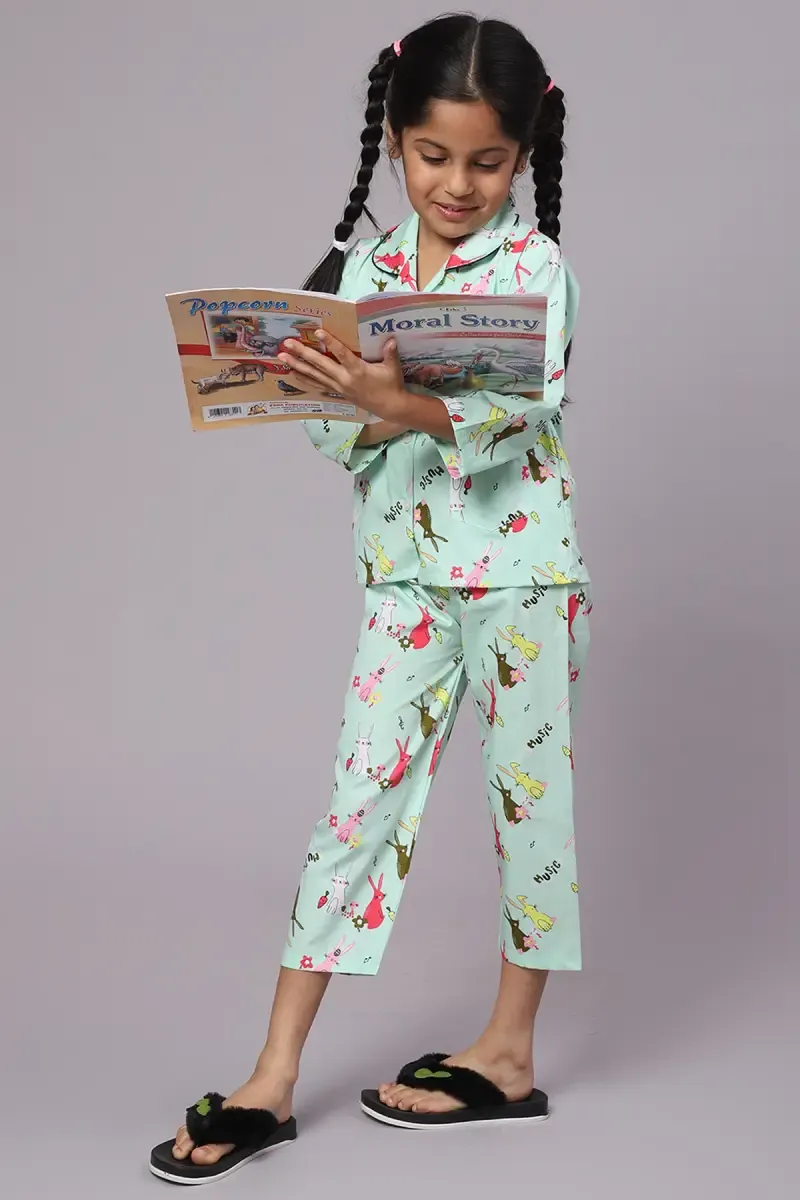 Girl's Cotton Blend  Printed Pyjama Set (1 - 10 Yrs) 015151SEAGRE910YRS
