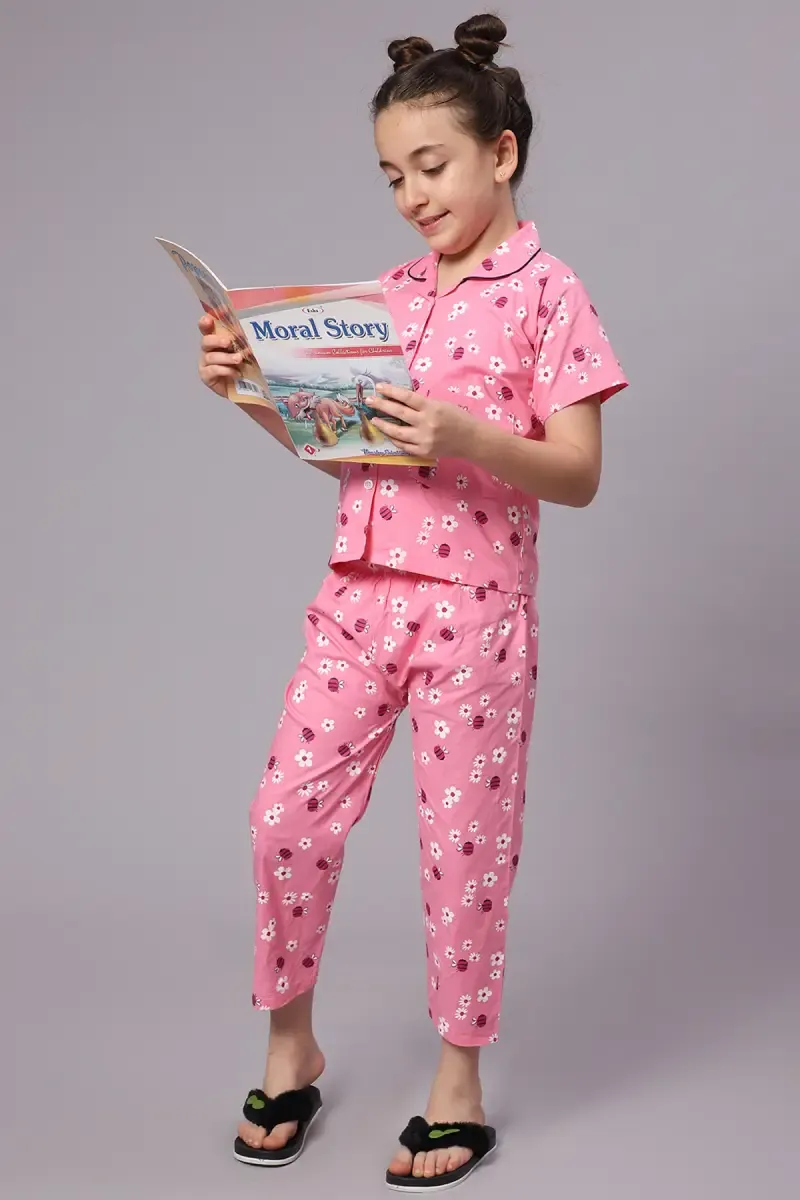 Girl's Cotton Blend Printed Pyjama Set (1 - 10 Yrs)