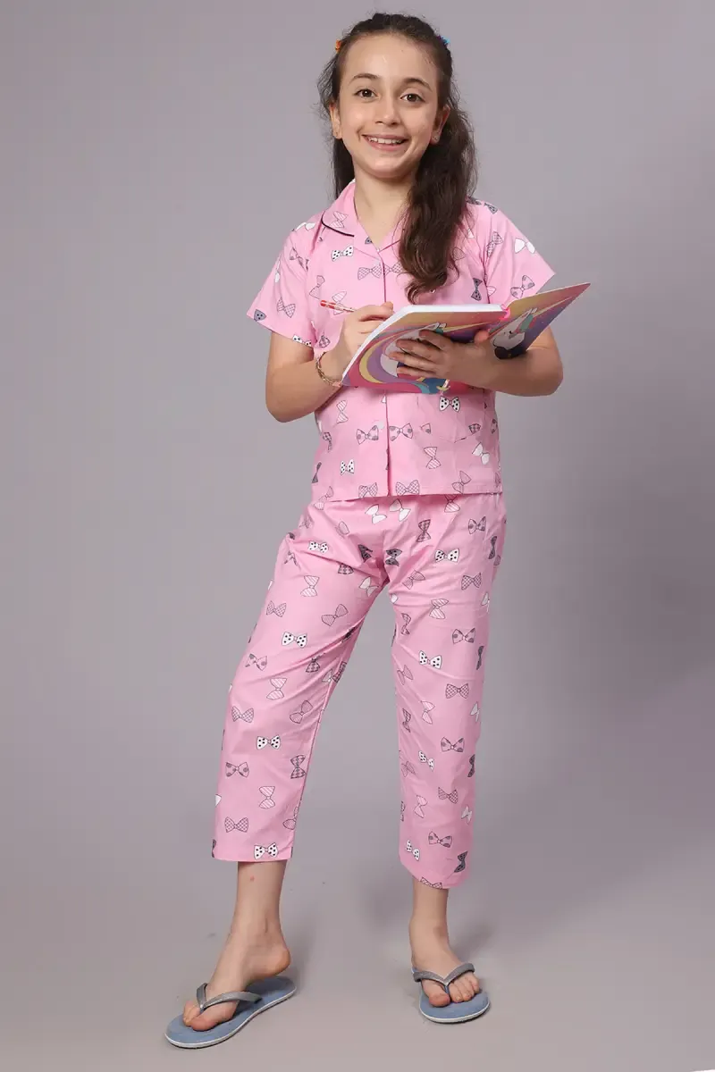 Girl's Cotton Blend Printed Pyjama Set (1 - 10 Yrs) 015167PIN910YRS