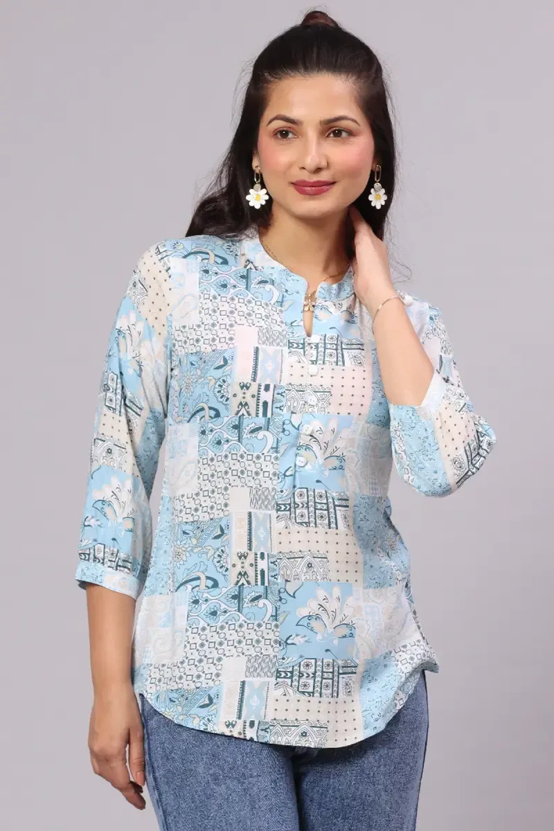 Polyester Crepe Printed Top for Women 015168LSKYBLU