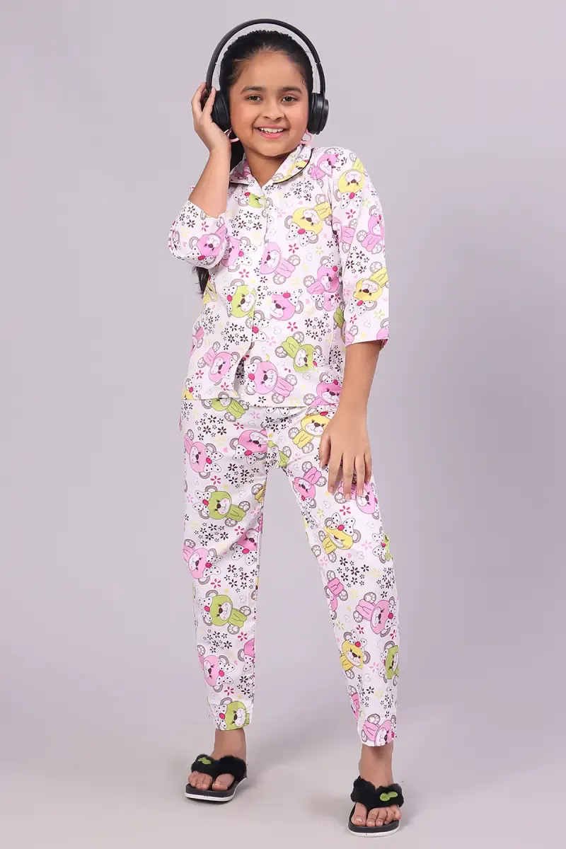 Girl's Cotton Blend Printed Pyjama Set (1 - 10 Yrs) 015183MUL12YRS