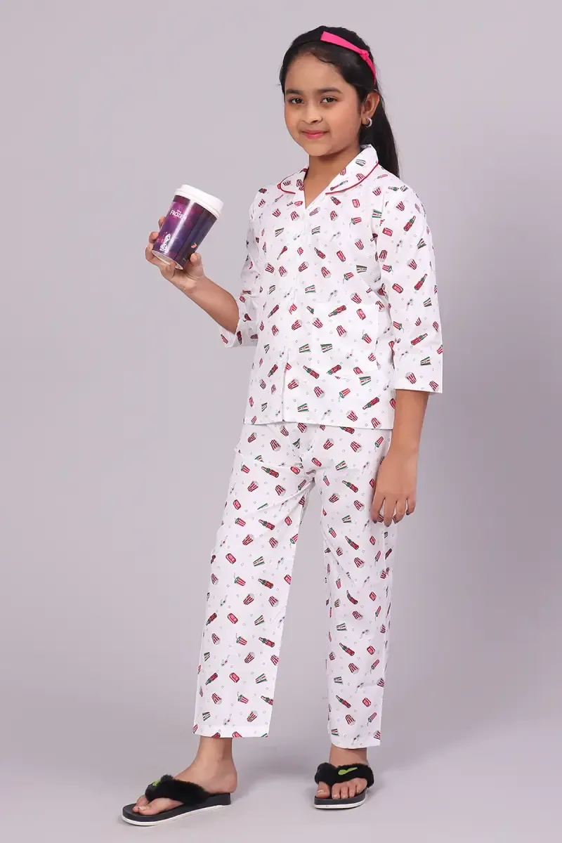 Girl's Cotton Blend Printed Pyjama Set (1 - 10 Yrs) 015184WHI910YRS2