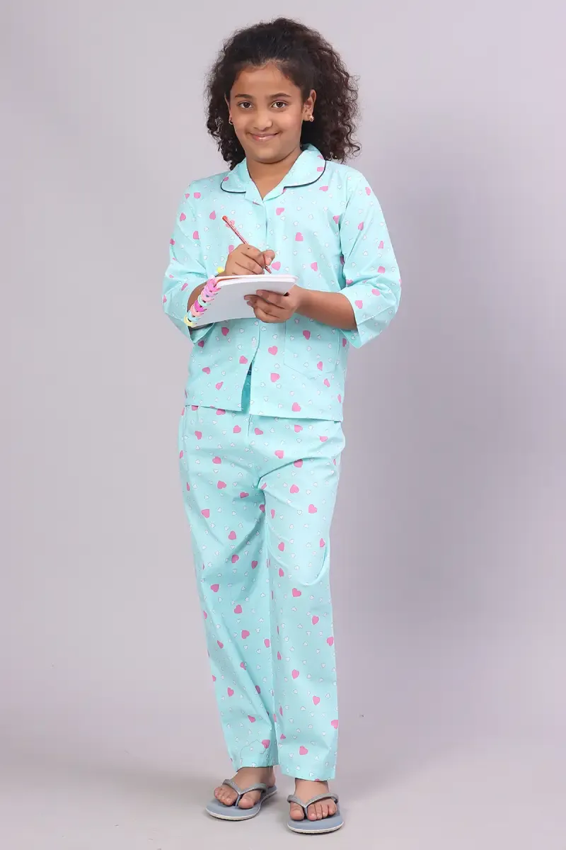 Girl's Cotton Blend Printed Pyjama Set (1 - 10 Yrs) 015193SKYBLU910YRS
