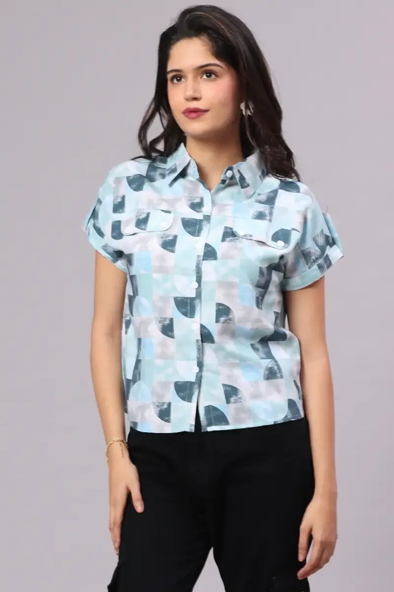 Cotton Blend Abstract Printed Shirt Type Top for Women