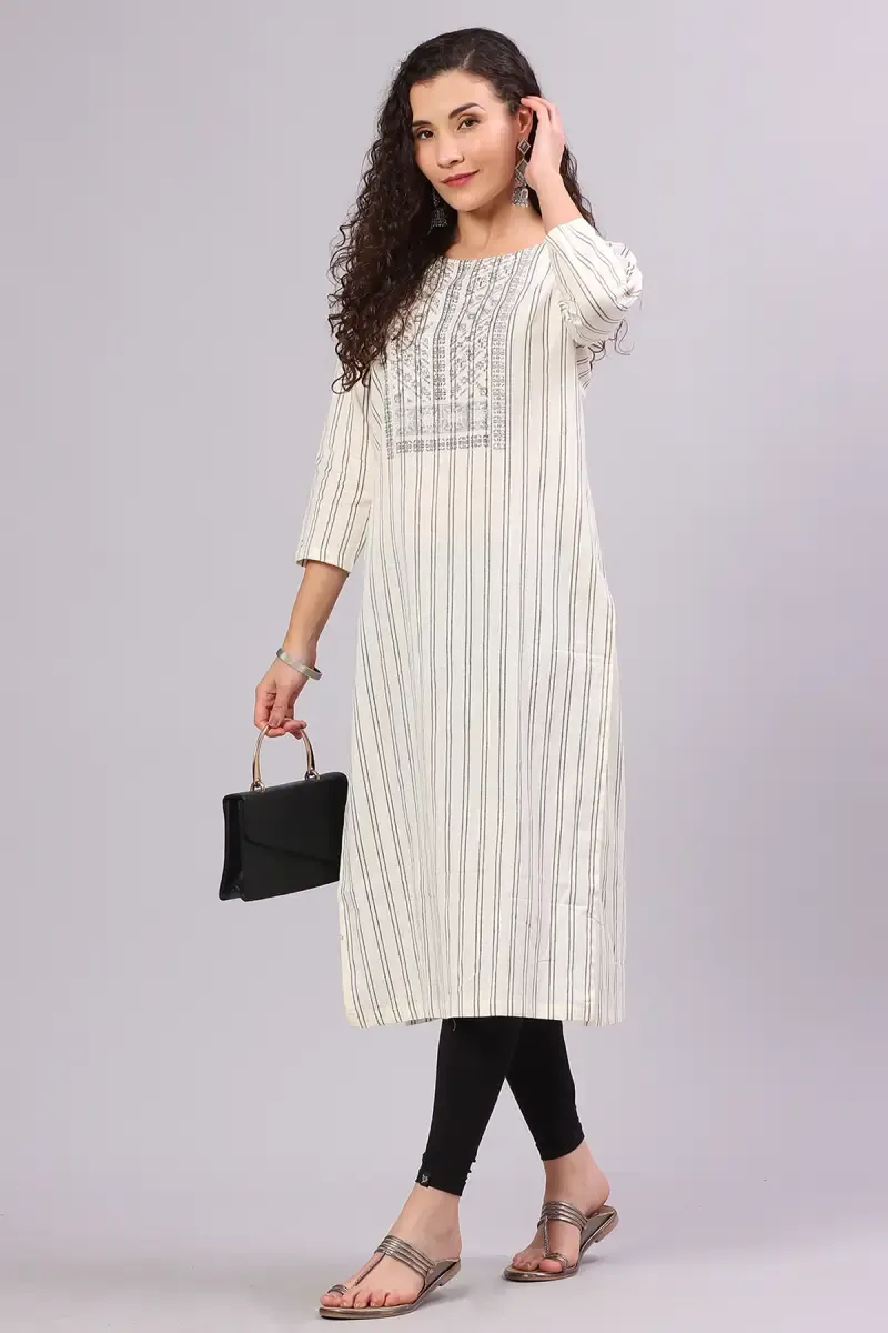 Cotton Blend Striped Kurti for Women 015216XLWHI - White kurti - XL