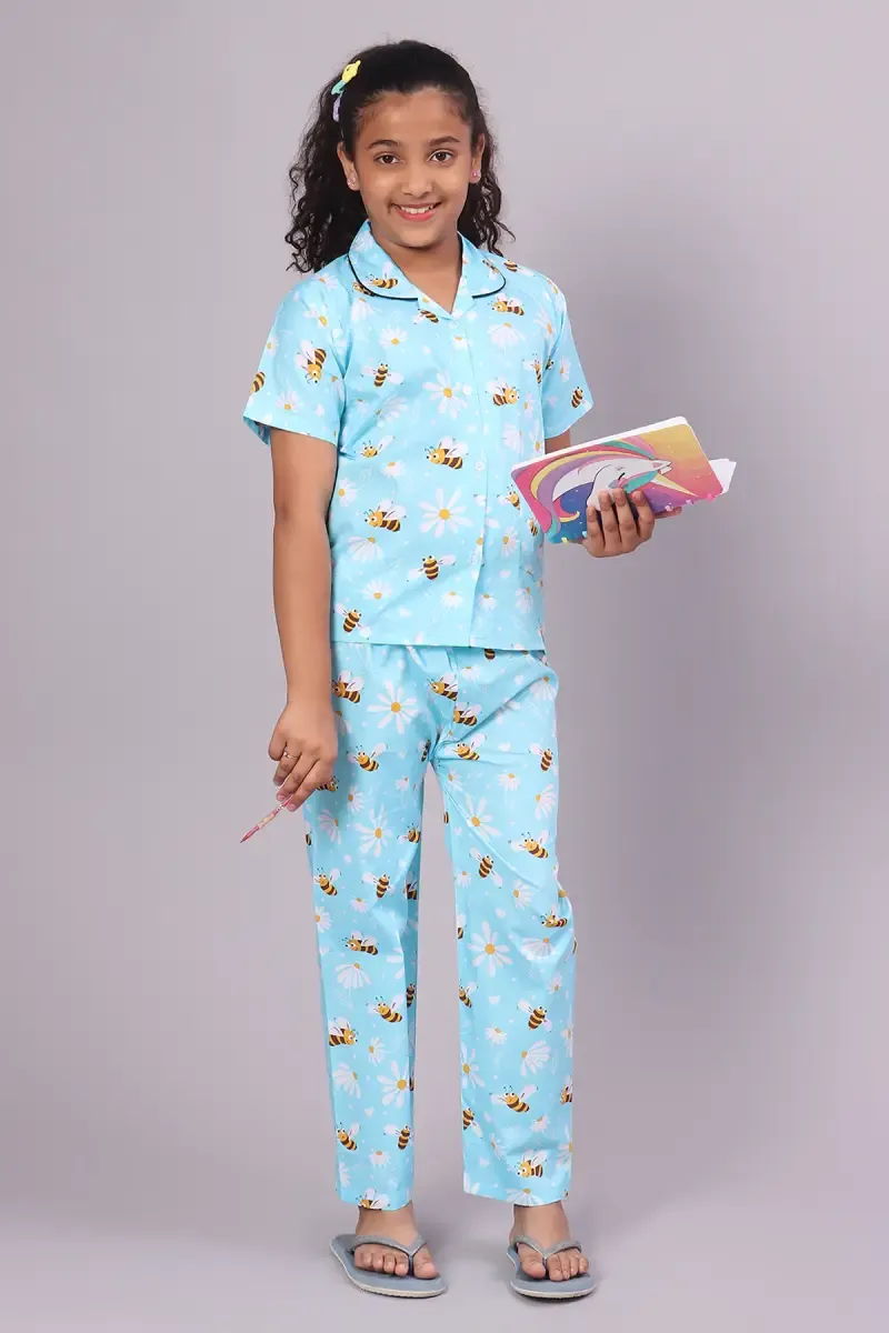Girl's Cotton Blend Printed Pyjama Set (1 - 10 Yrs) 015244SKYBLU12YRS