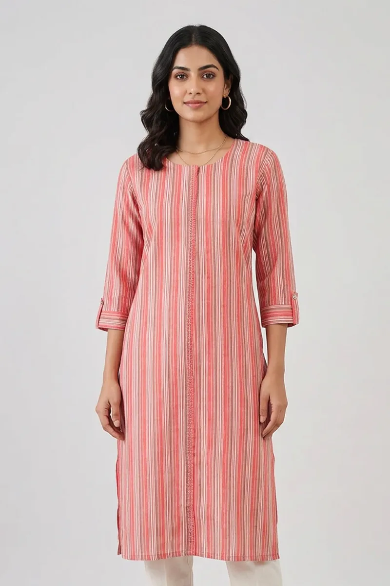 Cotton Striped Kurti For Women  015319LPIN - Pink kurti - L kurti
