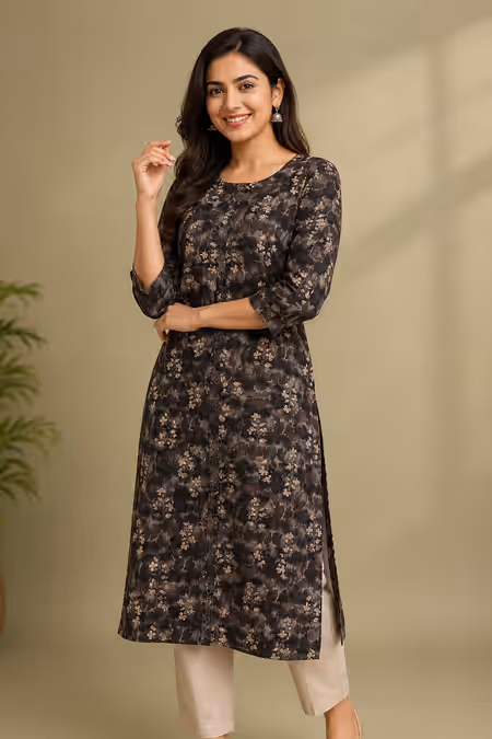 Cotton Printed Kurti For Women 015320XXLBLA - Black kurti - XXL kurti