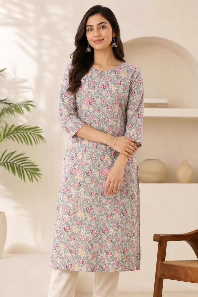 Cotton Blend Floral Printed Kurti For Women