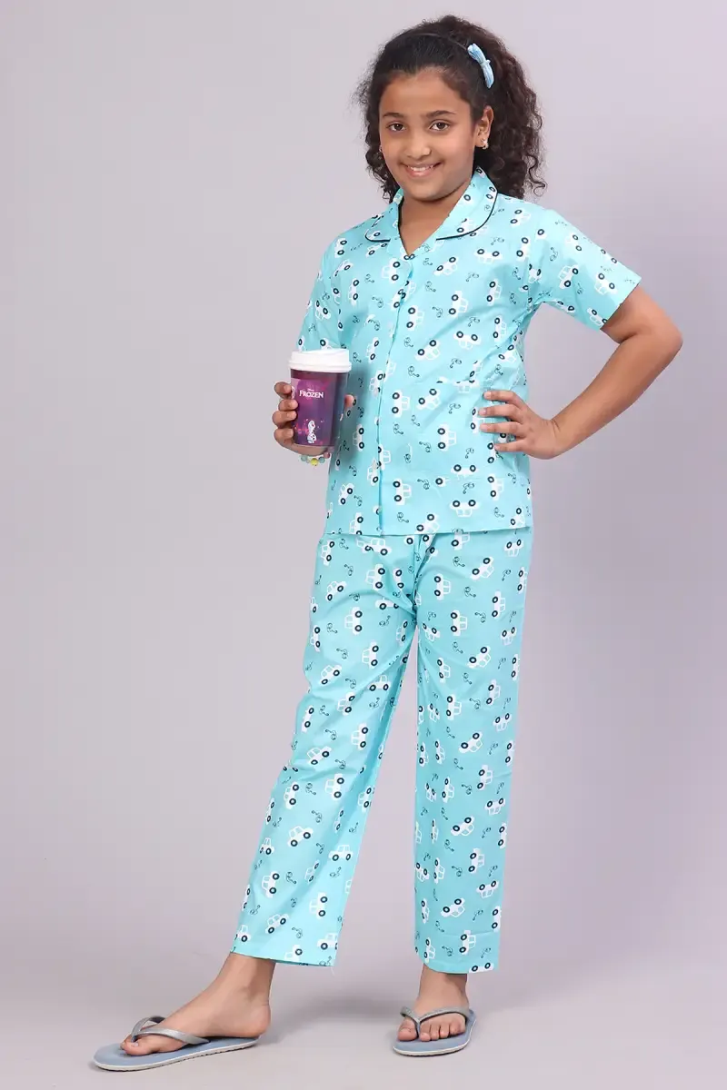 Girl's Cotton Printed Pyjama Set (1 - 10 Yrs) 015399BLU56YRS