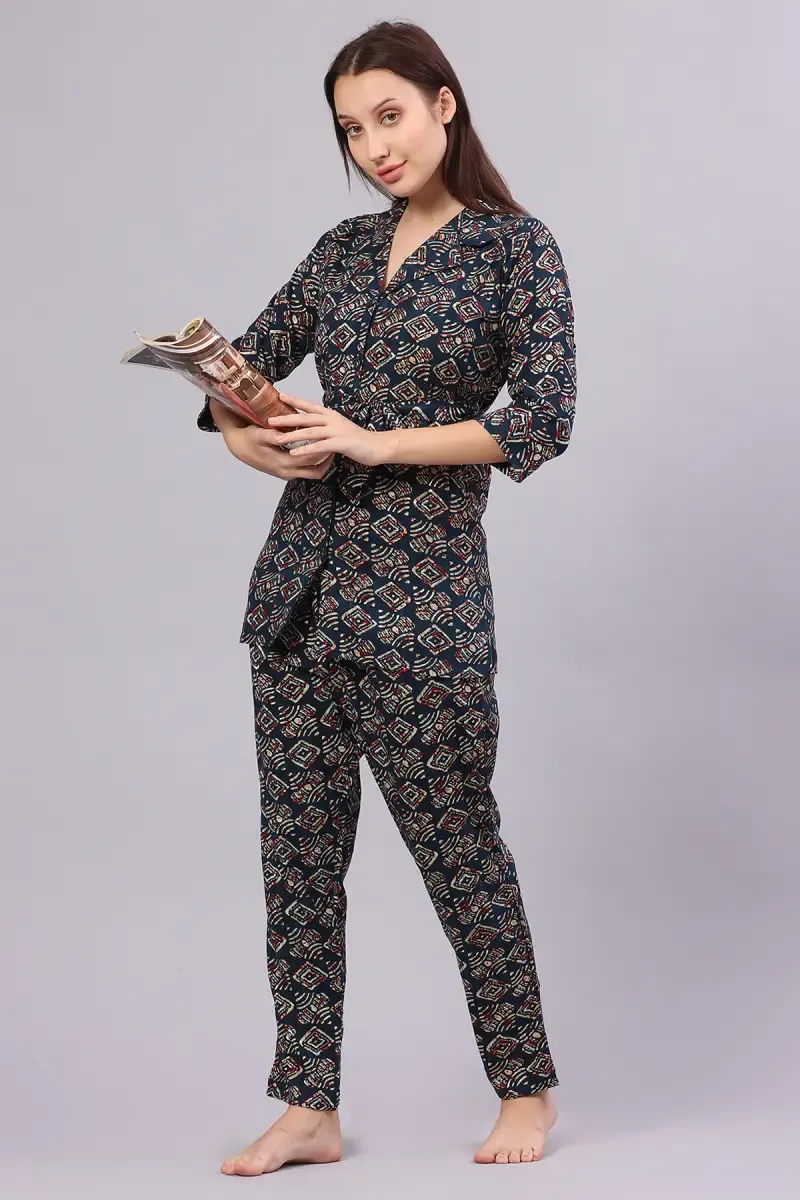 Cotton Blend Printed Night Suit Set for Women 015438GREL