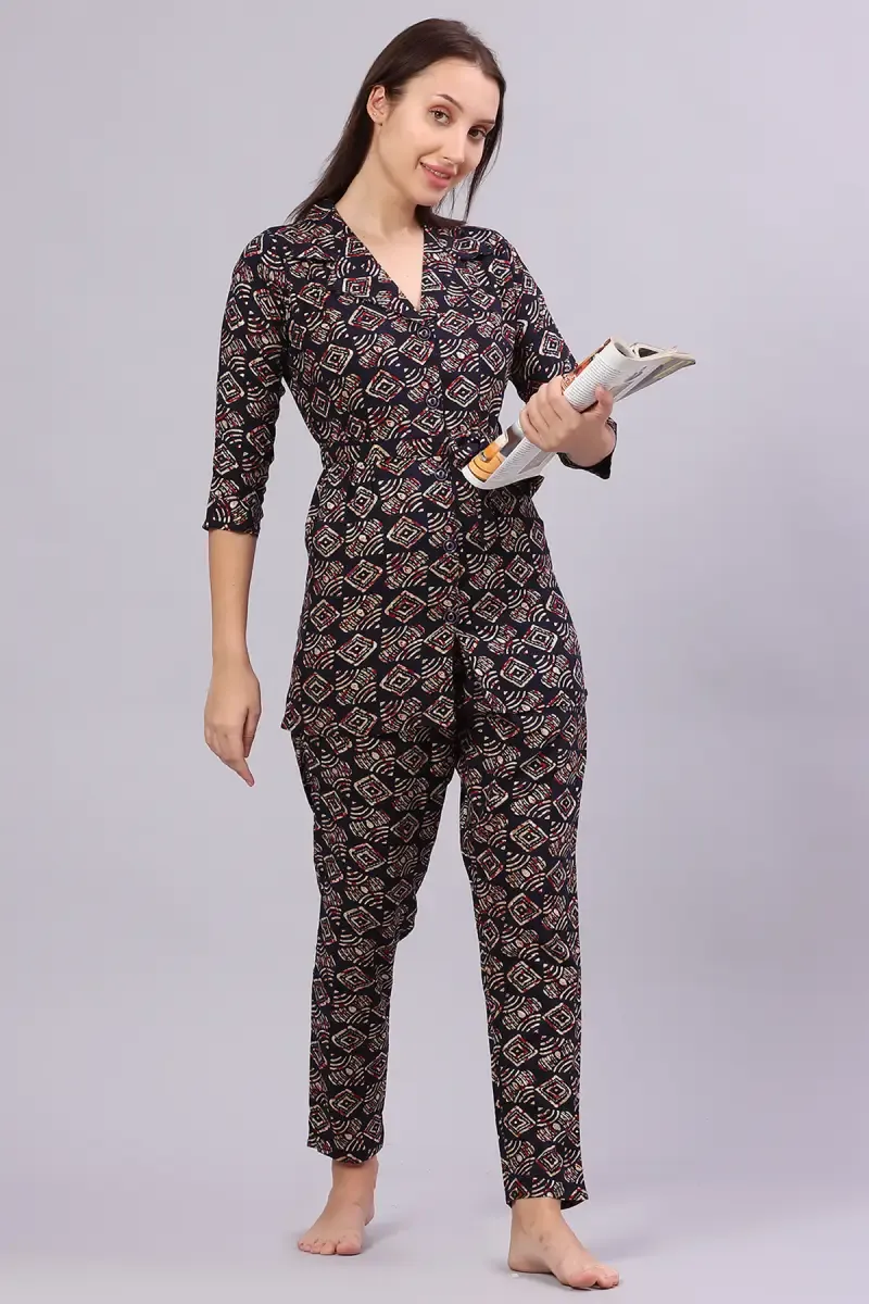 Cotton Blend Printed Night Suit Set for Women