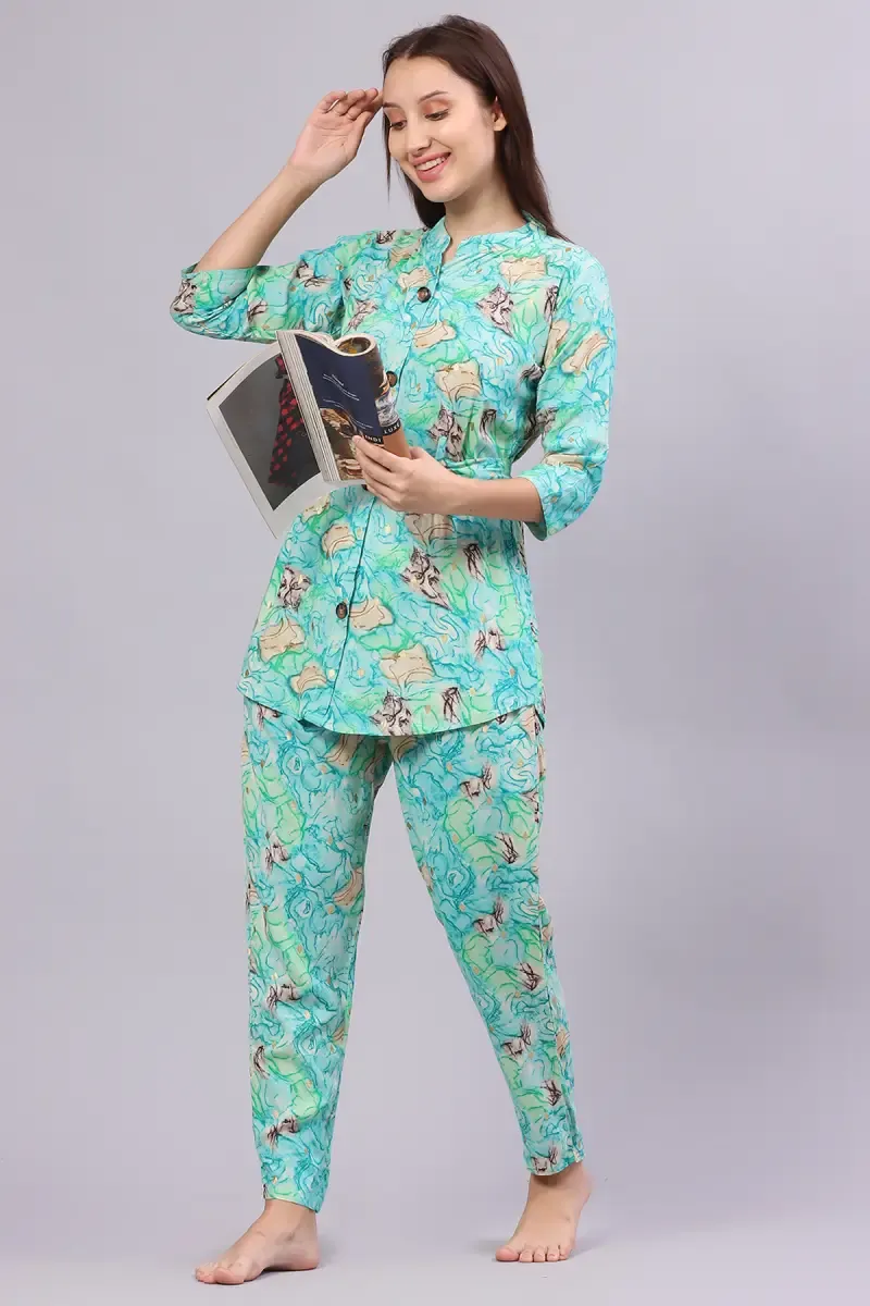 Cotton Blend Printed Night Suit Set for Women