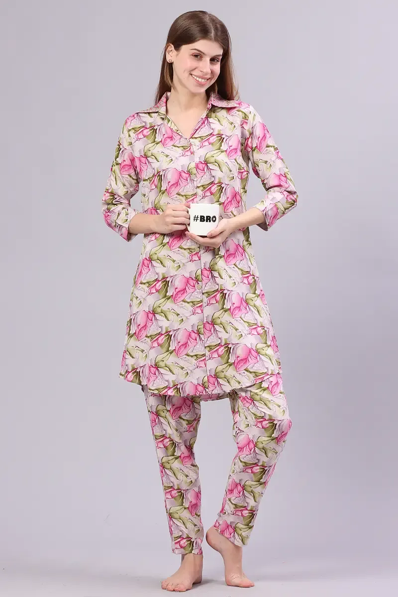Cotton Blend Printed Night Suit Set for Women 015445PINXL