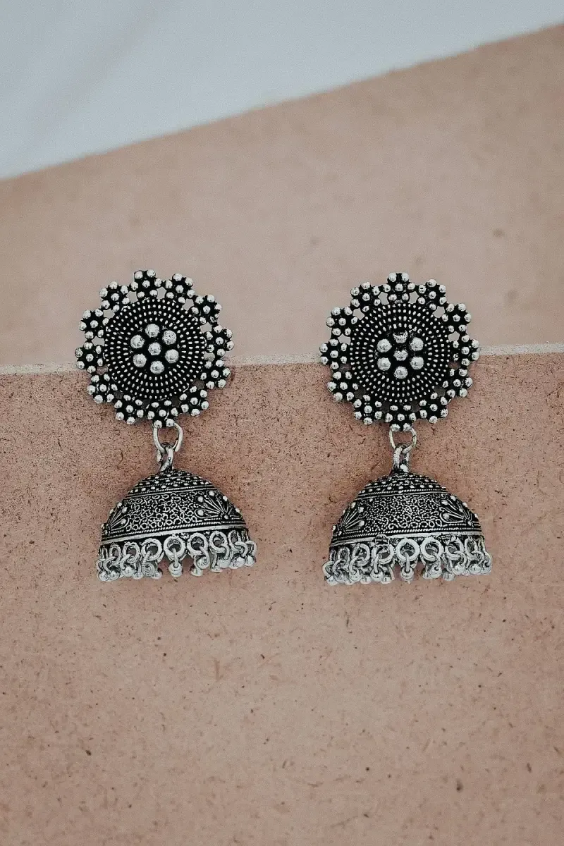 Oxidized Silver Floral Jhumki Earrings for Girls & Women
