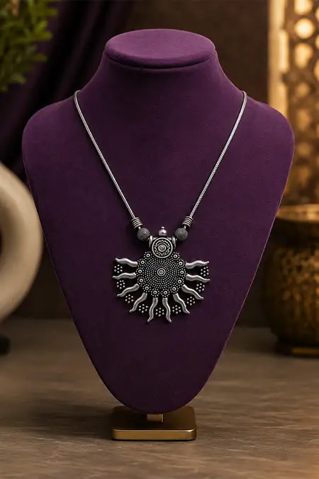 Oxidized Silver Sunburst Pendant Necklace for Girls & Women