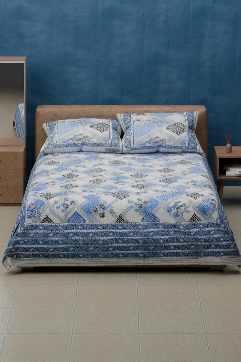 Cotton Floral Printed Single Size Bedsheet with 2 Pillow Covers Set - Pack of 1 015678SIN/2PILCOVBLU 015678SIN2PILCOVBLU