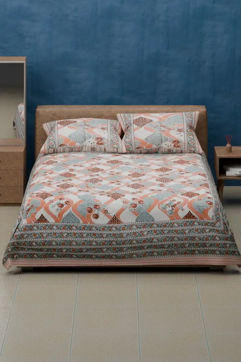 Cotton Printed Double Size Bedsheet with 2 Pillow Covers - Set of 3