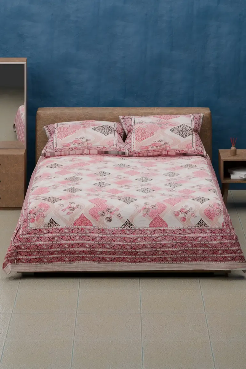 Cotton Printed Double Size Bedsheet with 2 Pillow Covers - Set of 3