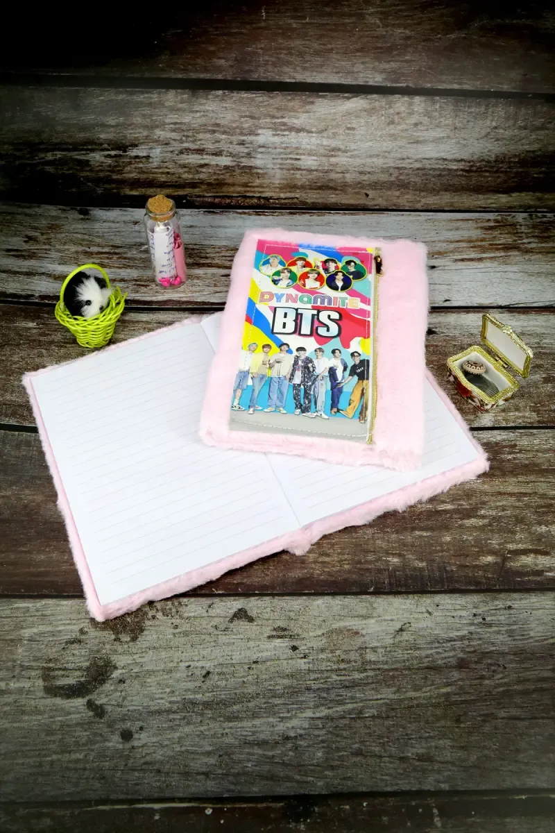 BTS Zipper Pouch Fur-Covered Ruled Diary for Kids - Pink ( Design May Vary )