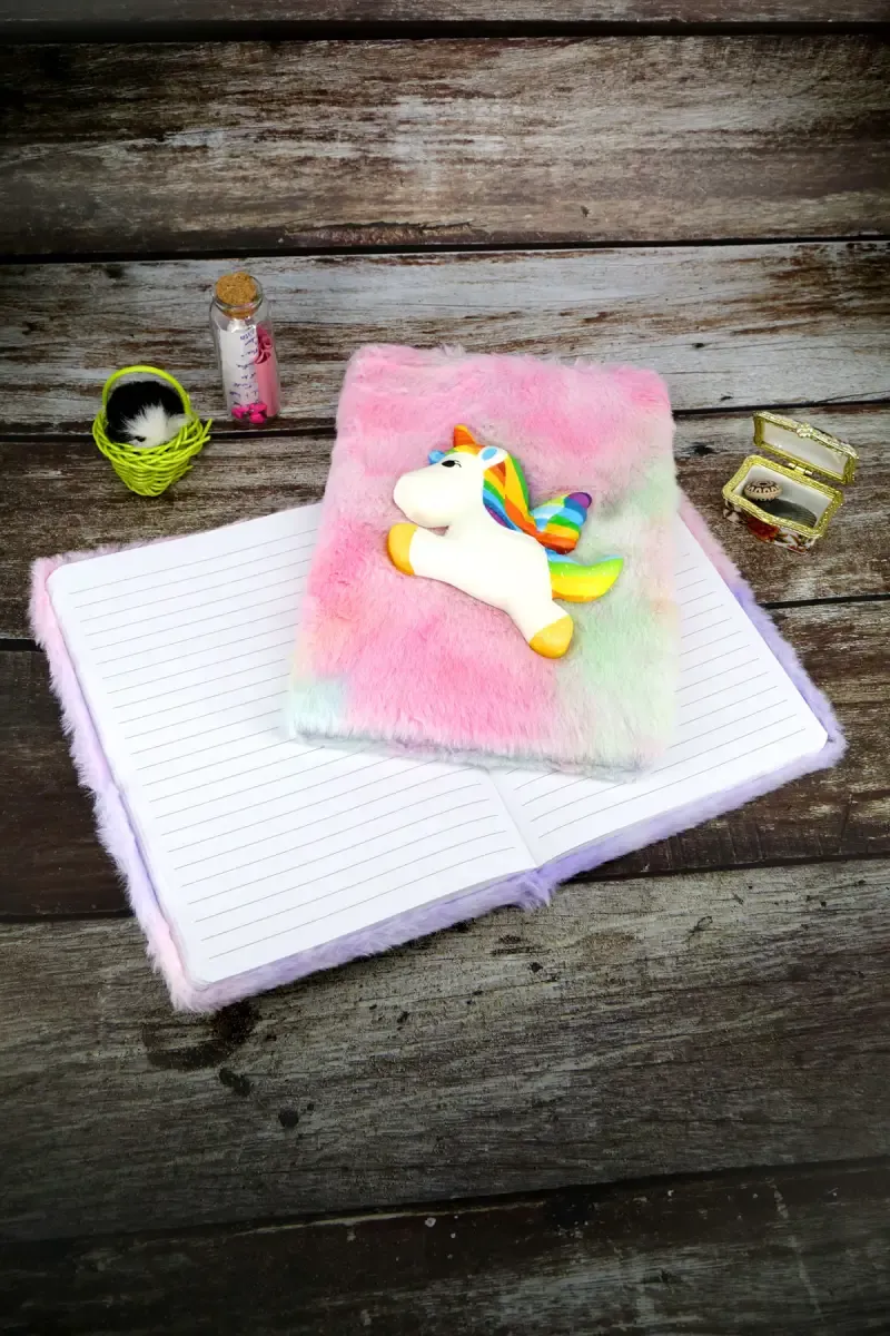 Unicorn Plush Fur-Covered Ruled Diary for Kids - ( Multicolor )