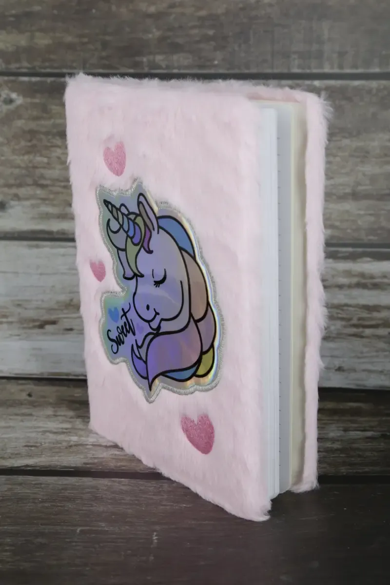 Unicorn Embossed Fur-Covered Ruled Diary for Kids - Pink