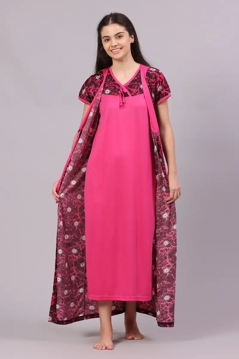 Women Polyester Floral Print Nighty With Robe 