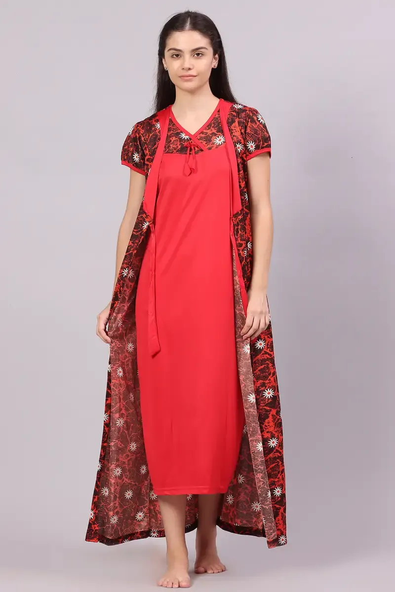 Women Polyester Floral Print Nighty With Robe 