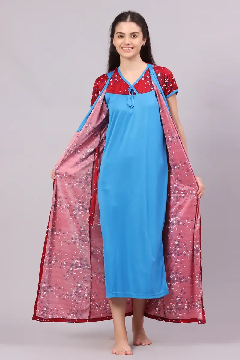 Polyester Floral Print Nighty with Robe for Women