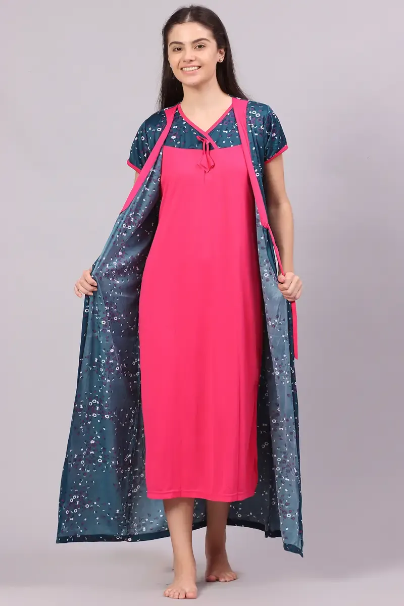 Polyester Floral Print Nighty with Robe for Women