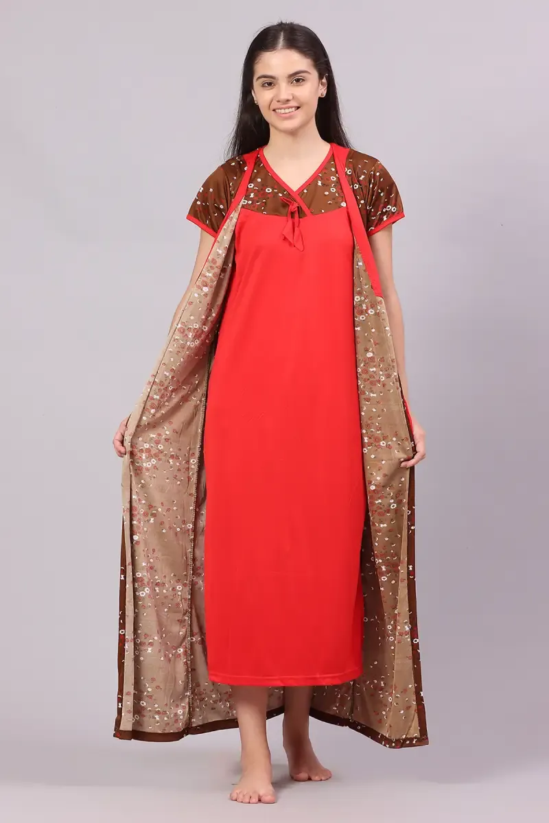 Polyester Floral Print Nighty with Robe for Women