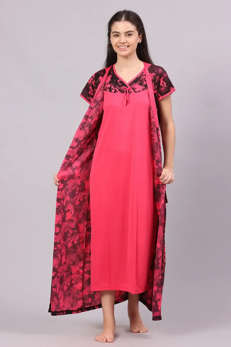 Polyester Floral Print Nighty with Robe for Women
